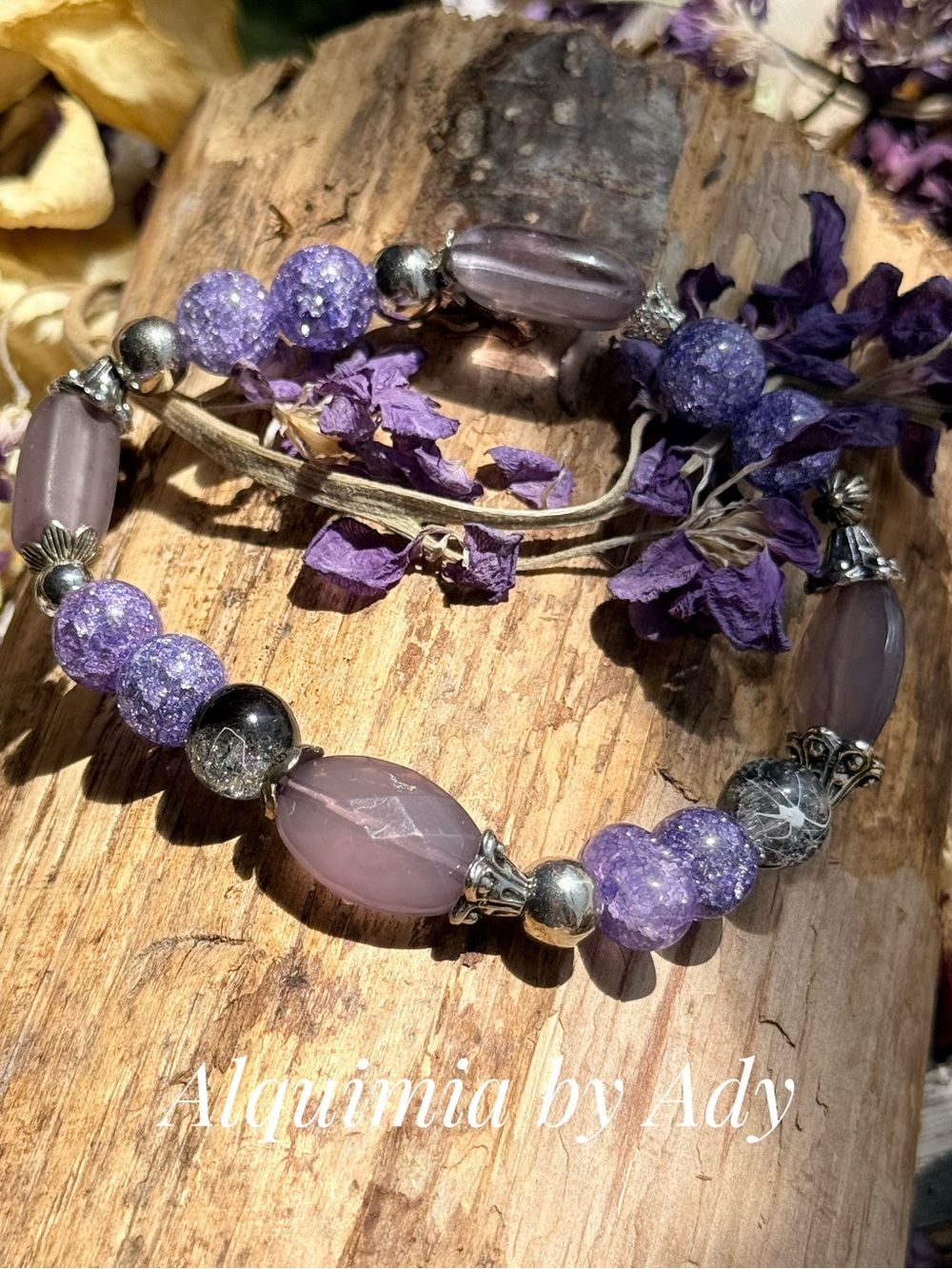Purple quartz and Silver Mixed-Bead Bracelet